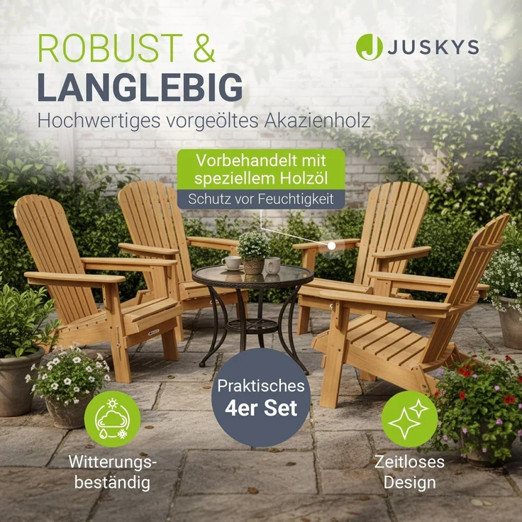 Juskys® Garten Liegestuhl Korfu 4er Set – aus Akazienholz, klappbar, 85x69x94 cm, natur, geölt, Gartenstuhl, Sonnenliege – Bild 2