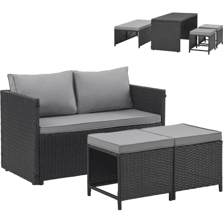 SVITA Gartenlounge-Set ATHINA, (Lounge-Set, Polyrattan), Platzsparend, Tisch und Sofa in einem, Schwarz
