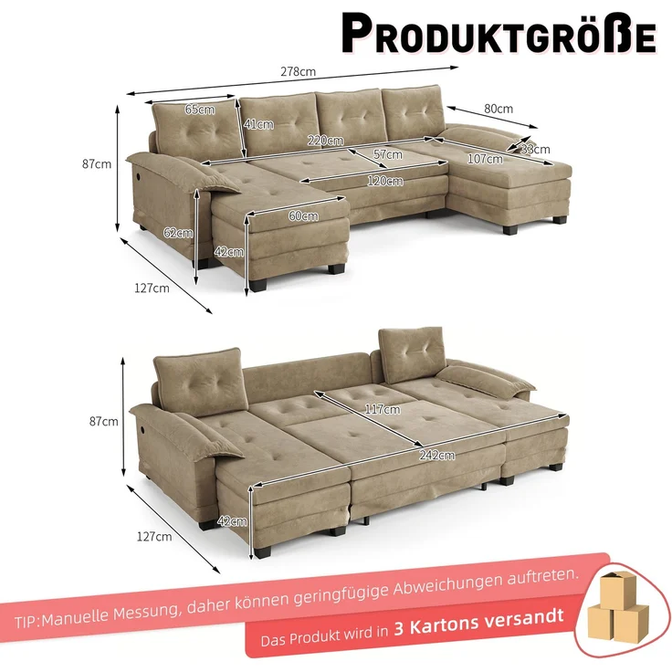 ZUBALIYA Schlafsofa 127x87 cm, mit USB - Anschluss, mit Ausziehbett, mit Chenille - Bezug, mit Samtbezug, modular aufgebaut, Weiß – Bild 6