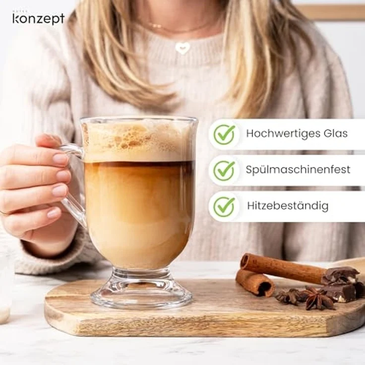 KONZEPT Gläser-Set Kaffeetassen 6-teilig – 420 ml, ideal für Kaffee, 6-tlg, aus Glas mit Henkel, hitzebeständig & spülmaschinengeeignet – Bild 4