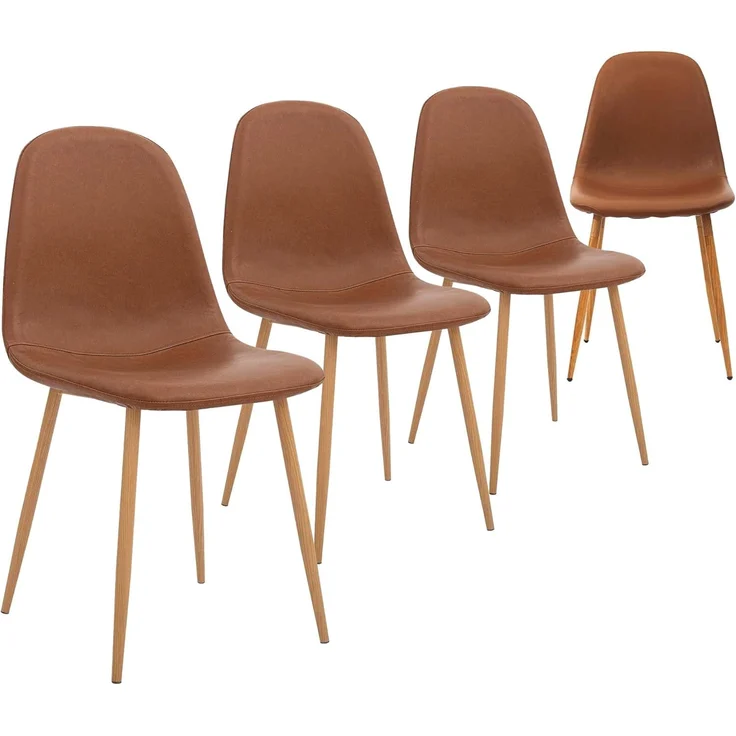CangLong Satz von 4 Esszimmerstühlen Retro gepolsterte Küchenstühle für Küche Esszimmer, Kunstleder Esszimmerstuhl mit Metallbeinen, Braun