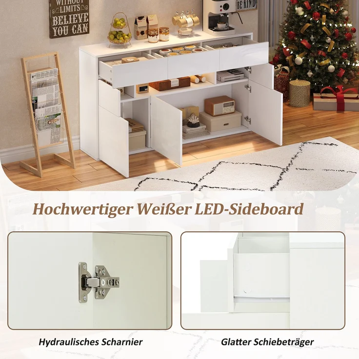 Merax 140*30*82cm Wohnzimmer-Sideboard, mit 3 Schubladen und 5 Schränken,Hochglanz-Kommode Mit LED-Lichtleiste,Schrank 140cm breit,MDF, weiß – Bild 7