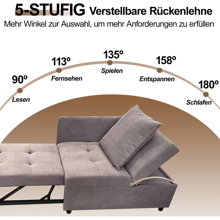 Multifunktions Schlafsofa 3-in-1, 177x68x65 cm, Grau Leinen, verstellbare Rückenlehne – Bild 6