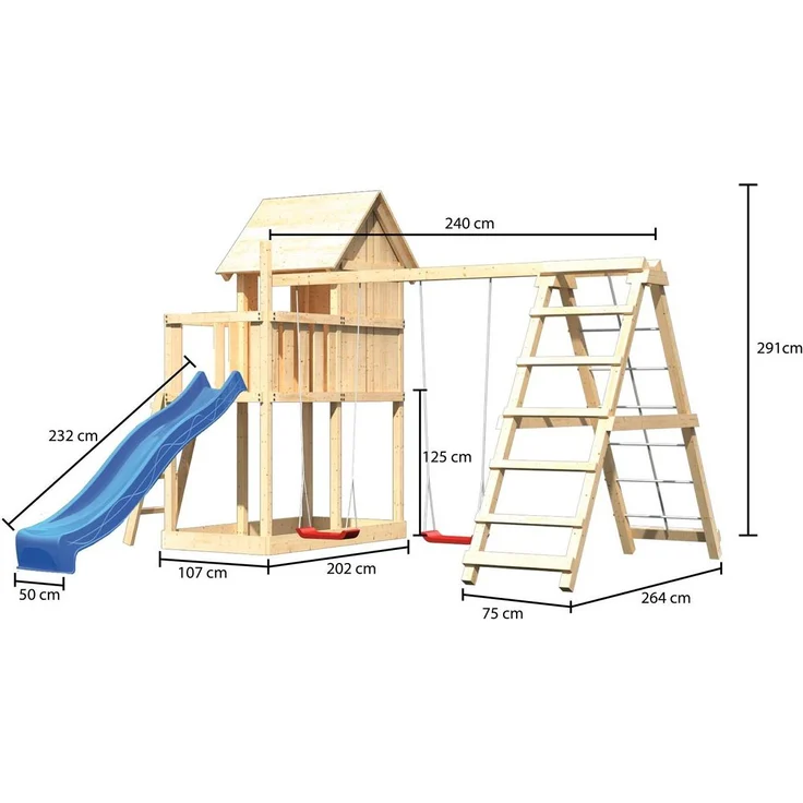 Karibu Kinderspielhaus Frieda Set Aktion2 naturbelassen mit Anbau, Doppelschaukel, Klettergerüst und Rutsche blau – Bild 8