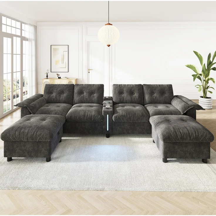 DESVIAE Sofa Modular Grau aus Chenille – 312x82x142 cm – Stauraum-Hocker, LED-Beleuchtung – Bild 6