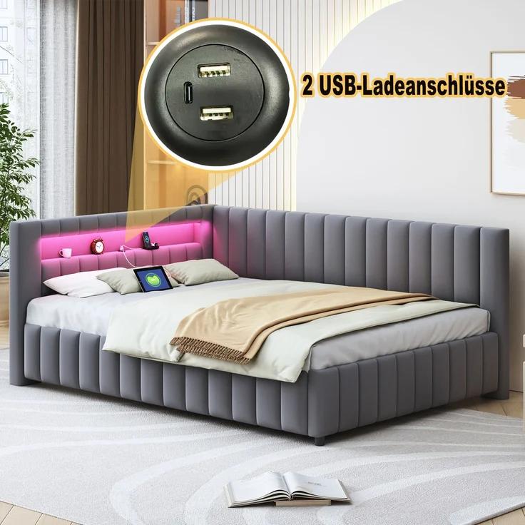 Polsterbett Schlafsofa 140x200 cm mit LED-Licht und USB-Anschluss, ohne Matratze – Bild 5