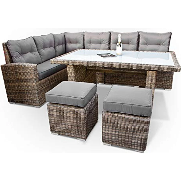 Ragnarök Möbel-Design Gartenlounge-Set Dining Lounge Wieland L, (Set, Ecksofa + Tisch + Hocker, Polyrattan, inkl. aller Polster), Rostfrei, mit Staufächern, 10 Jahre Garantie, wird montiert geliefert – Bild 2
