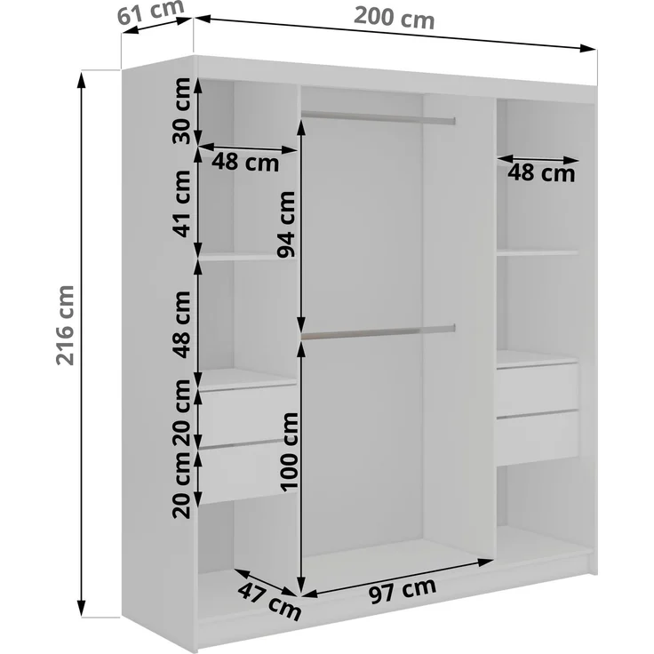 Schwebetürenschrank NAURU mit Lamellen-Optik, moderner Kleiderschrank, Breite 200 cm, inkl. Innenausstattung & Stauraum, Akustikpaneel-Design - Weiß und Schwarz - mit Schubladen – Bild 5