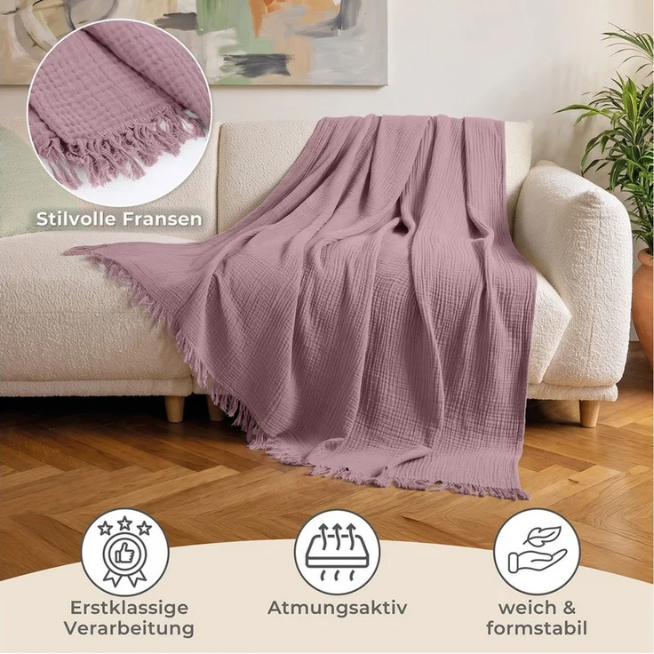 Laynenburg Tagesdecke Musselin mit Fransen aus 100% Baumwolle – Baumwolldecke, Wohndecke als Sommerdecke, Bett-Überwurf, Sofa-Decke, Kuscheldecke – Bild 3