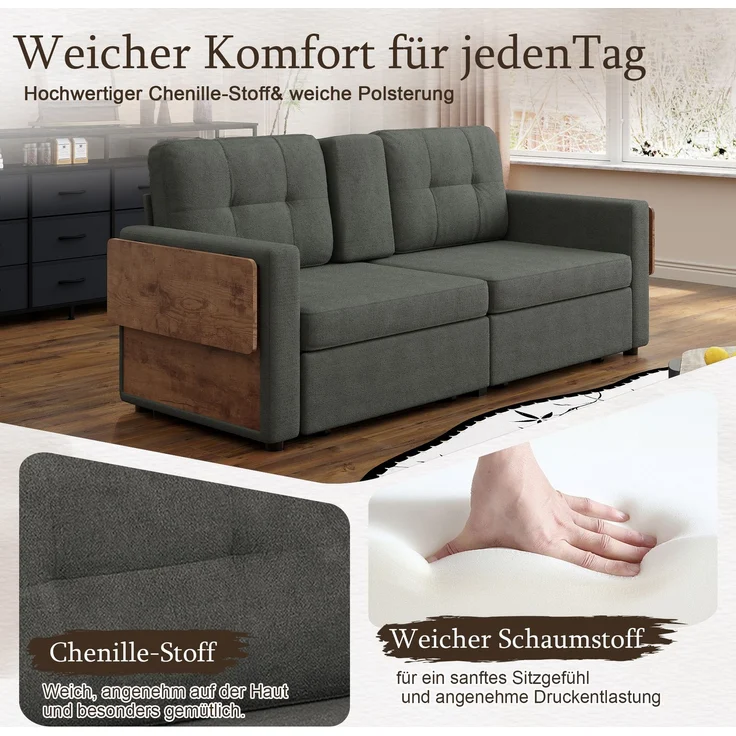 ZUBALIYA Schlafsofa 71x57.5 cm, mit Schreibtisch, mit Schubladen, mit Stauraum, mit Ablageflächen, mit Ausziehbett, Grau – Bild 5