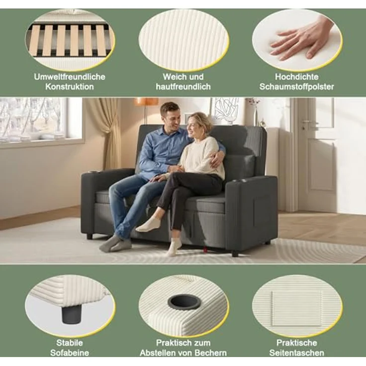 JUMMICO Schlafsofa 2 Sitzer klein Sofa mit Schlaffunktion Schlafcouch Ausziehbar mit Kissen Couch Cord-Bezug mit Getränkehalter Klappsofa Für Wohnzimmer Schlafzimmer,75 x 160 x 100 cm,Grau – Bild 3