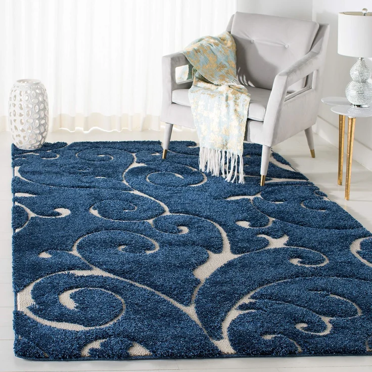 Safavieh Zottelig Teppich für Wohnzimmer, Esszimmer, Schlafzimmer - Florida Shag Collection, Hoher Flor, Dunkelblau und Creme, 122 X 183 cm