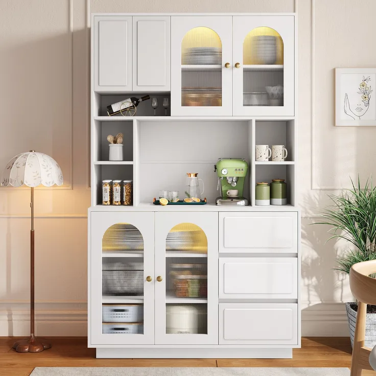 Merax Hoher Sideboard Schrank, Küchen Staurschrank mit Bogen-Acryltüren, Bar-Schrank mit offenen Fächern, Schrank mit APP-gesteuerter farbverstellbarer LED-Beleuchtung, Weiß