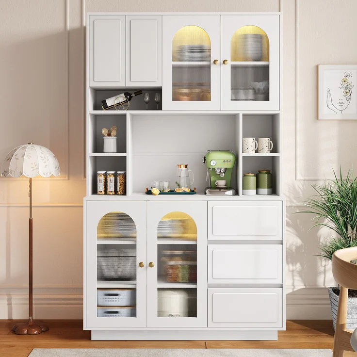 Merax Hoher Sideboard Schrank, Küchen Staurschrank mit Bogen-Acryltüren, Bar-Schrank mit offenen Fächern, Schrank mit APP-gesteuerter farbverstellbarer LED-Beleuchtung, Weiß – Bild 1