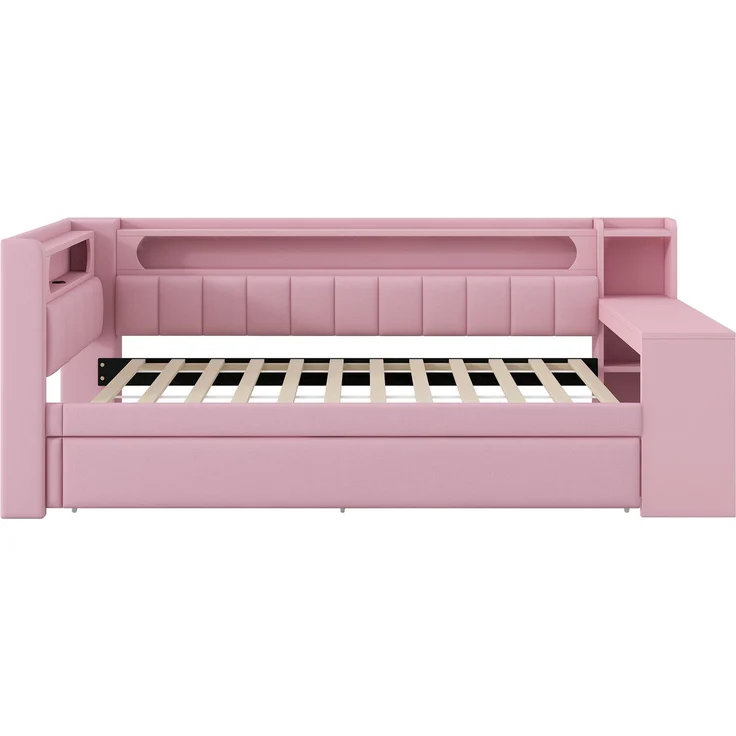 U-life Gepolstertes Tagesbett 90x200 cm mit Ausziehbett, Schreibtisch, USB-Ladestation und LED-Beleuchtung, Rosa – Bild 7