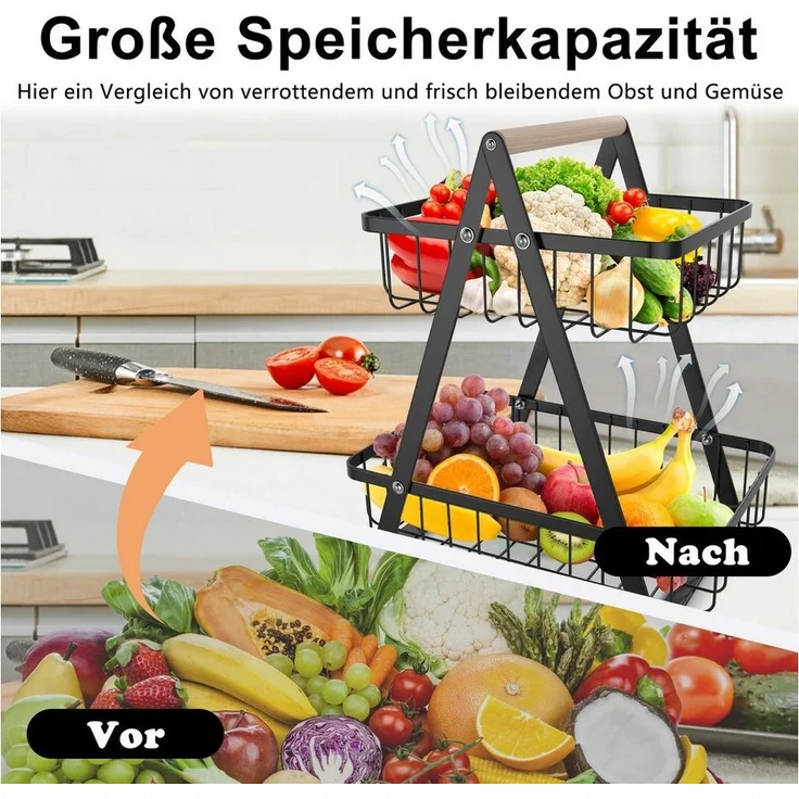 FIVMEN Obstschale Obst Etagere Obstkorb Metall Obst Schüssel Halter ​Brotkorb Ablagekorb, mit Holzgriff Tortenständer Gemüsegestell für Küche, 2 Etagen/3 Etagen – Bild 3