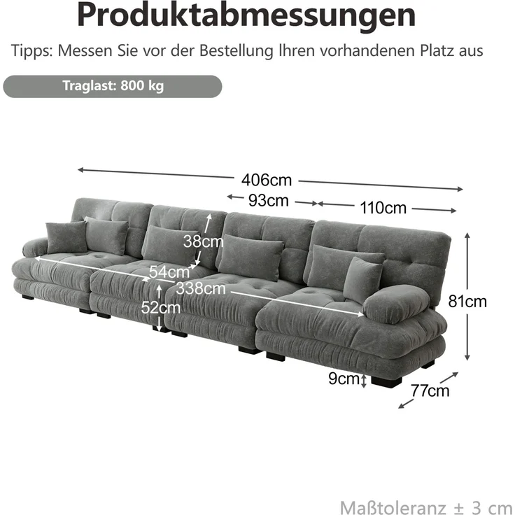 DESVIAE Sofa 4-Sitzer modular mit Tiefsitz aus Chenille Grau, 406 x 77 x 81 cm – Bild 10