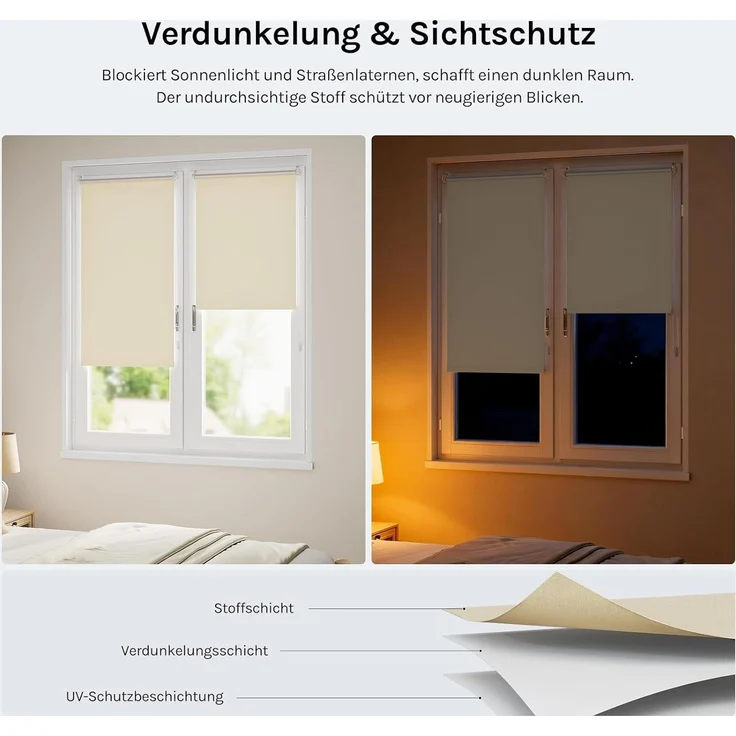 WOLTU Verdunklungsrollo ohne Bohren Beige 110x160 cm (BxH), Thermorollo Klemmfix Fensterrollo Seitenzugrollo easyfix Verdunkelung Rollos Sichtschutz und Sonnenchutz, Klemmrollo für Fenster & Tür – Bild 2