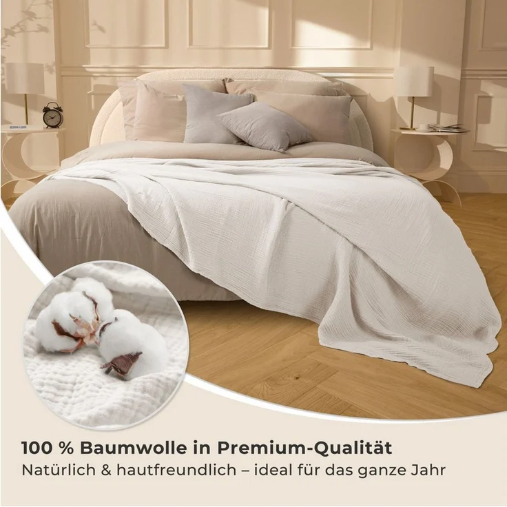 LAYNENBURG Premium Musselin Tagesdecke 150x200-100% Baumwolle - extraweiche Baumwolldecke als Kuscheldecke, Bett-Überwurf, Sofa-Überwurf, Couch-Überwurf - warme Sofa-Decke (Creme-Ecru) – Bild 4