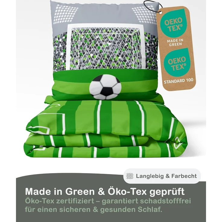 LINKHOFF Kinderbettwäsche Fußball-Bettwäsche 135x200 cm – aus 100% Baumwolle für Kinder in Grün, Kinder Bettwäsche Fußballfan für Jungen u. Mädchen – Bild 5