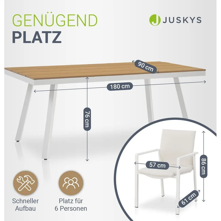 Juskys Premium Gartenmöbel Set Maui - Tisch mit 6 Stühlen - Alu & Polywood - langlebig & wetterfest - Kissen schnelltrocknend - Terassenmöbel - Beige – Bild 4