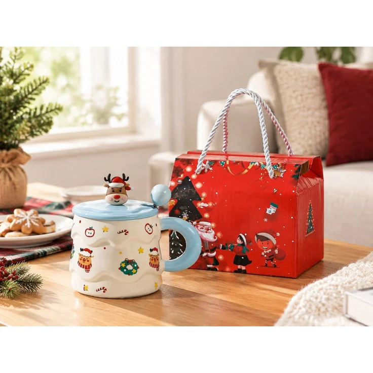Weihnachtstasse aus Keramik mit Deckel und Löffel in Geschenkbox Blau 16 x 12 x 14 cm – Bild 2