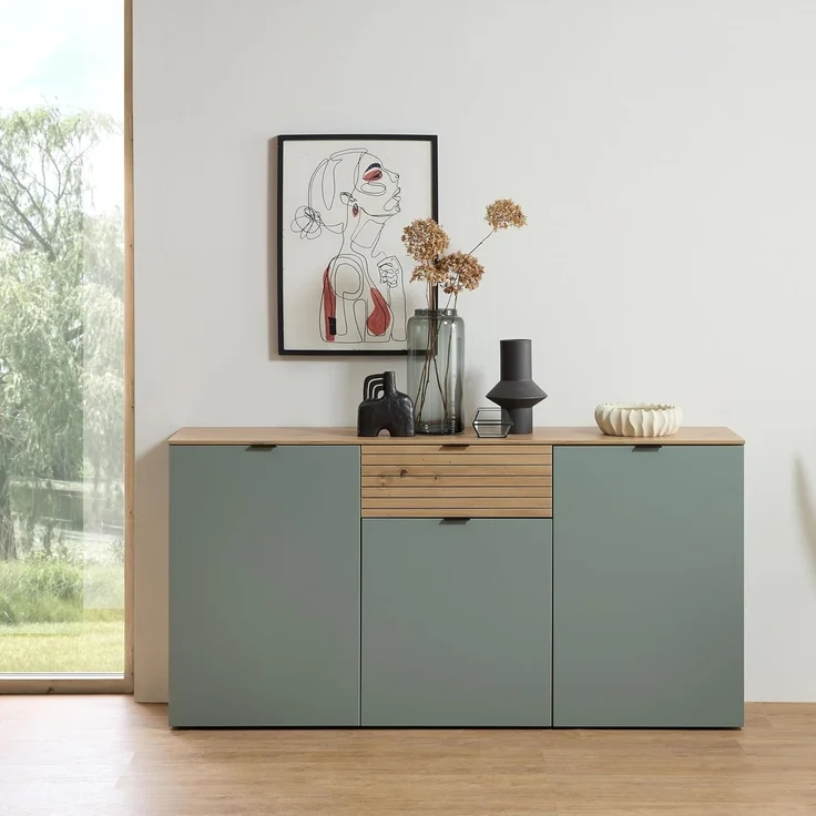 INA Sideboard in Schilfgrün, Artisan Eiche Optik FSC-Zertifiziert - Moderne Kommode mit Schublade und viel Stauraum - 180 x 90 x 45 cm (B/H/T) – Bild 2