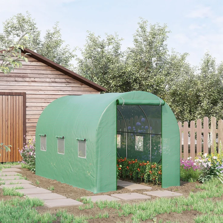 Wohnora-Foliengewächshaus Tomatengewächshaus Treibhaus Folientunnel Frühbeet mit Fenster Grün 350 x 200 x 200 cm,H 200cm x T 350cm x B 200cm – Bild 4