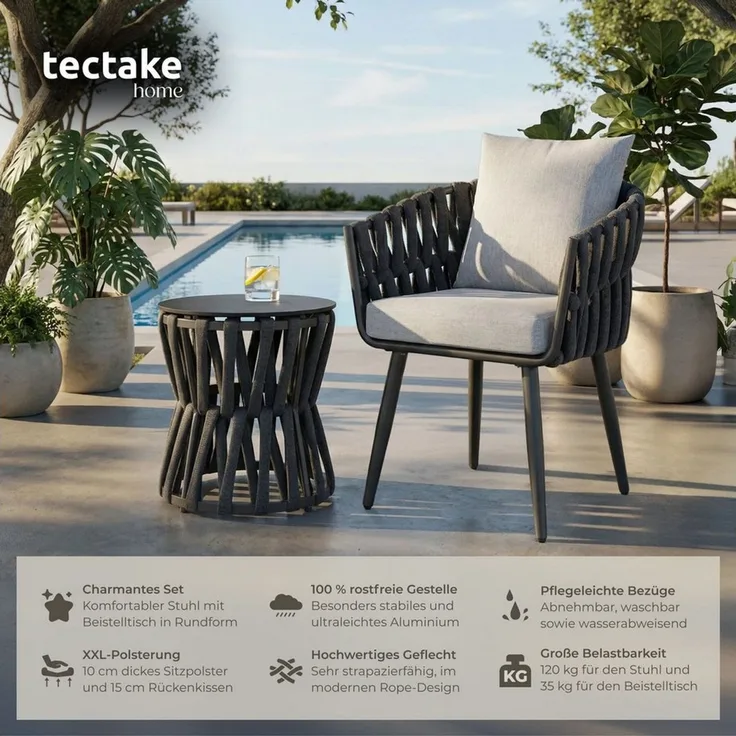 tectake Gartenlounge-Set Lugano - Trendiges Rope-Design mit wasserabweisenden Bezügen, (Set, 3-tlg), Extra dickes Sitzpolster und komfortables Rückenkissen