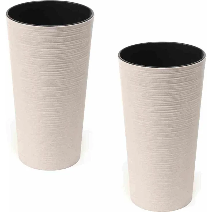 Pflanzgefäß LOCON 2er-Set Ø 30 × 57 cm weiß – modernes Rillendesign mit bis zu 40 % Holzfaseranteil, inkl. schwarzem Einsatz, ideal für Indoor & Outdoor, SIENA GARDEN