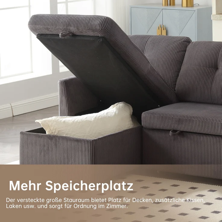 LVHOM Ecksofa mit Schlaffunktion L-Form, Sofa mit Bettkasten, Wohnzimmersofa mit Seitentasche, Couch Samtstoff, Bettsofa, 3 Sitzer – Bild 5
