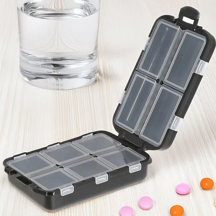 CEPEWA Pillendose Pillenbox 10 Fächer schwarz Kunststoff 10 x 3 x 6,5 cm Box zum Aufklappen – Bild 2