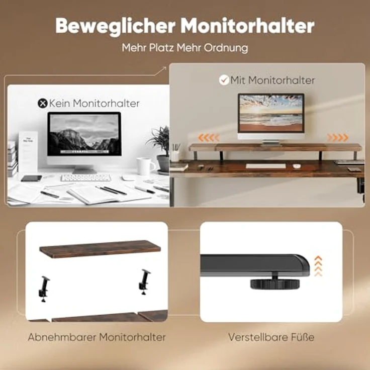 Sweetcrispy Höhenverstellbarer Schreibtisch mit Monitorständer, 120x60 cm Schreibtisch Höhenverstellbar Elektrisch, Ergonomischer Steh-Sitz Tisch, Computertisch Standing Desk, Vintagebraun – Bild 6