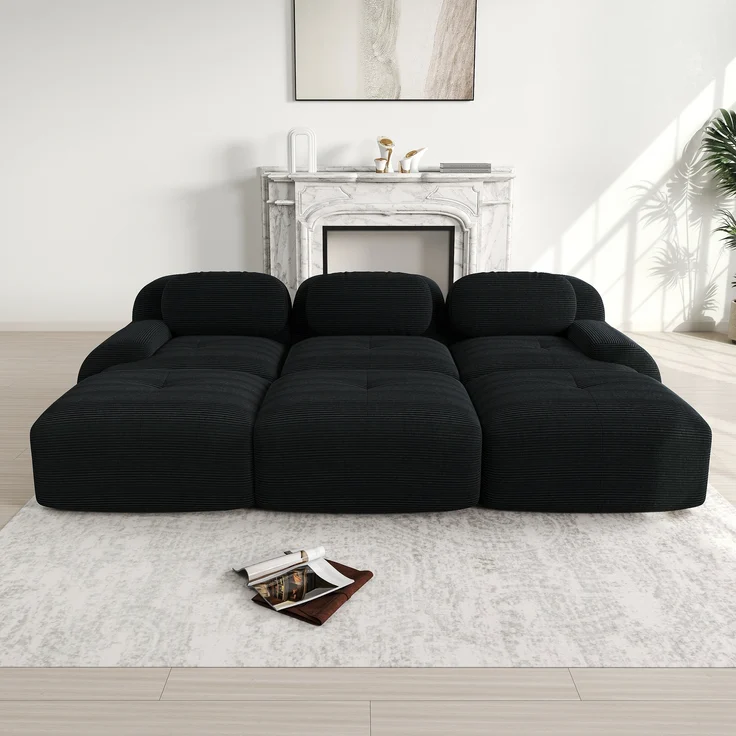 Modulares 3-Sitzer-Sofa mit 3 Hockern aus Cordstoff,montagefreie Lieferung haustierfreundlich ultra-breite Armlehnen 32D hochelastische Polsterung für Wohnzimmer und Heimkino,Cordstoff,Black, – Bild 3