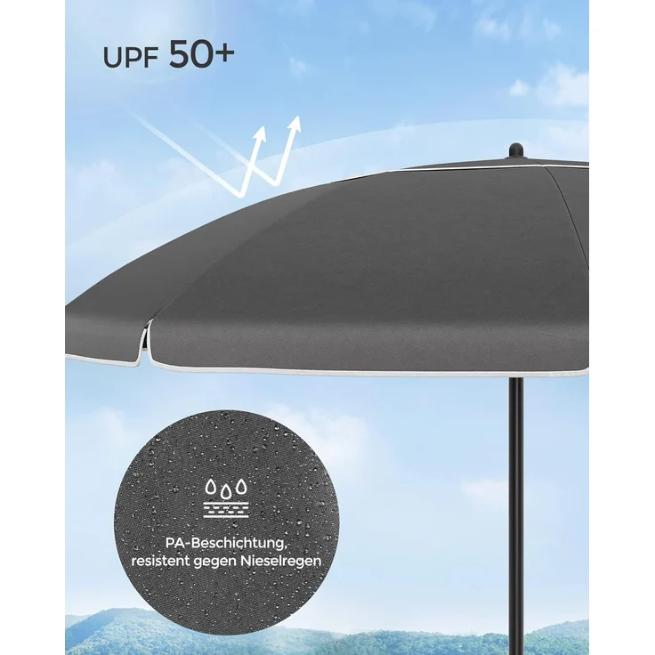 SONGMICS Sonnenschirm 200 cm, Sonnenschutz, UPF 50+, Strandschirm, beidseitig um 30° knickbar, höhenverstellbar, mit Tragetasche, für Balkon, Garten, Terrasse, Strand, ohne Ständer, grau GPU065G01 – Bild 5