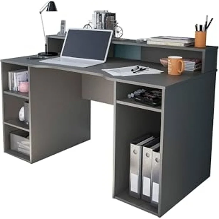 Dmora - Phoenix Schreibtisch, Moderner Multifunktions-Gaming-Schreibtisch, Studiertisch für PC und CD-Halter, Studiertisch mit Regalen, 136x67h88 cm, Anthrazit – Bild 7