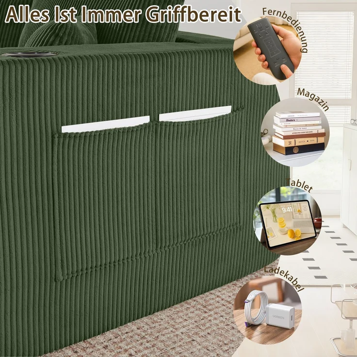EINHOM 3-Sitzer modulares Ecksofa, komprimiertes L-Form Sofa mit beweglichen Ottomanen, weicher Cordstoff, Getränkehalter, Seitentasche und Kissen, geeignet für Wohnzimmer, Hotels und Mietwohnungen, Green – Bild 6