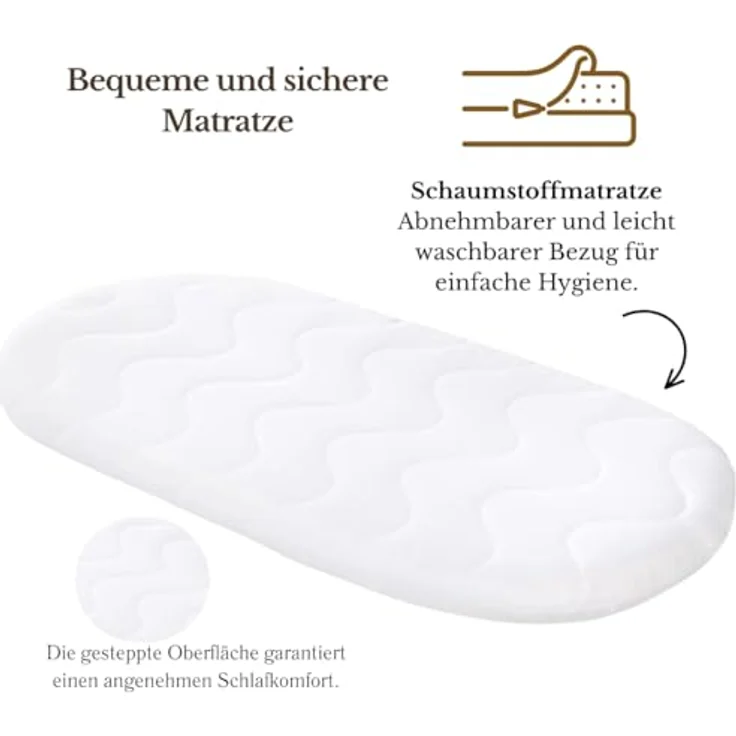 WIKLINOPOL Stubenwagen Lena aus Weide – Babywiege mit Rollen, Matratze, Baldachin & Bettwäsche aus Waffelstoff mit Gänse, handgefertigt, grau Moseskorb – Bild 9