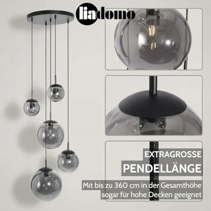 Liadomo Pendelleuchte Vetro, Leuchtmittel inklusive, Warmweiß, 5-flammig, Cluster, Rauchglasschirme, E27, für hohe Decken geeignet – Bild 4