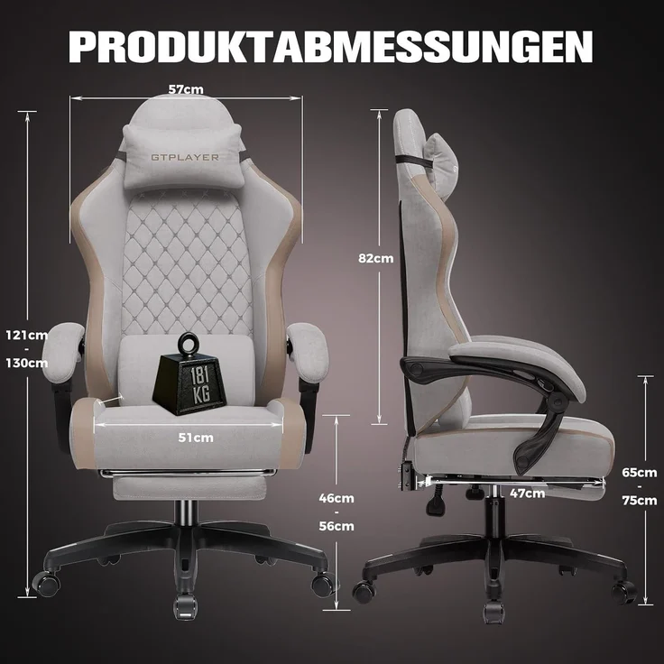 GTPLAYER Gaming Stuhl Ergonomischer, PC Stuhl Atmungsaktiver Stoff, Groß und Hoch Drehbarer Schreibtischstuhl mit Fußstütze,Verstellbare Lendenwirbelstütze und Kopfstütze,Hellbraun – Bild 3