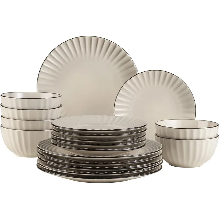 Retro Tafelservice für 6 Personen in cremigem Weiß mit schöner Wellenform, 18-teiliges rundes Geschirrset mit Speiseteller, Dessertteller und Müslischale, Essgeschirr Set