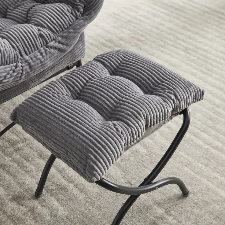 Flieks Loungesessel mit Hocker, ergonomischer Ohrensessel mit Stahlrahmen, weicher Cordstoff, Seitentasche, Grau – Bild 8
