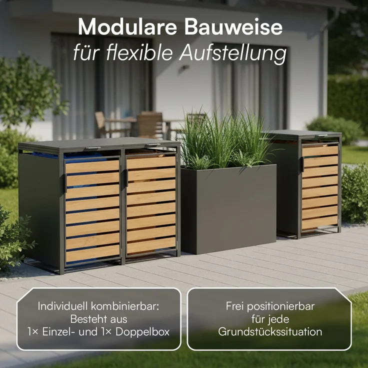 STEELSØN 'Kestra' Mülltonnenbox 3er je 120 Liter, anthrazit mit Holzoptik, Mülltonnenverkleidung aus Stahl, wetterfest, 102x62x177,5 cm, Müllbox für 3 Tonnen – Bild 7