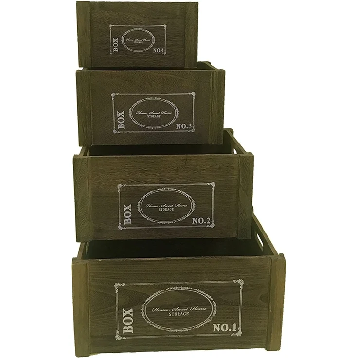 Aufbewahrungsboxen 4er Set Braun Ordnung Shabby Holzkisten Vintage Retro Rustikal Wein Découpage Boxen Griff Kiste Dekorativ Offen Allzweckkiste Box – Bild 3