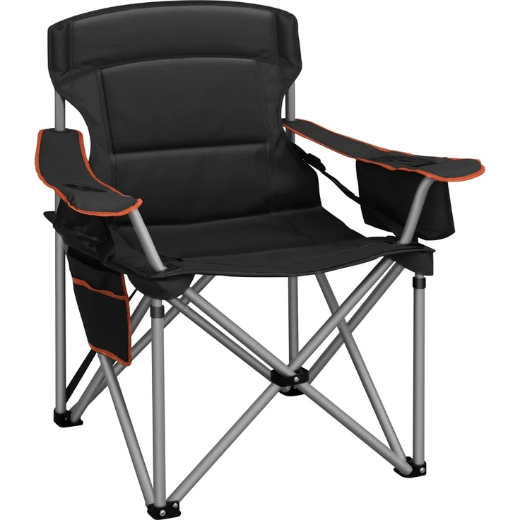 Campingstuhl, 220 KG Campingstuhl Faltbar mit Kühltasche, Getränkehalter, Tragetasch, Hochlehner Bequem Gepolste, Anglersessel Klappstuhl Garten Balkon Strand, Schwarz und Orange – Bild 1