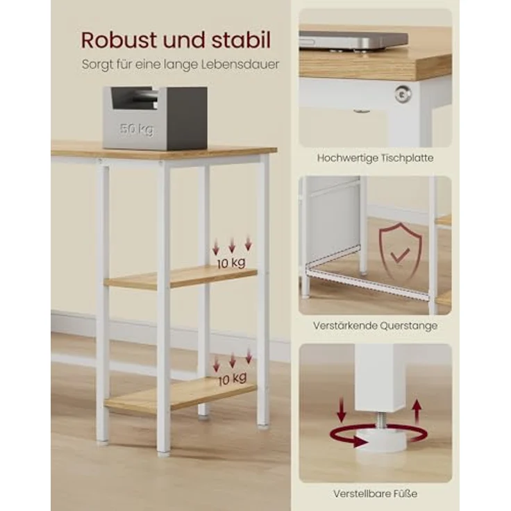 VASAGLE Computertisch, Bürotisch, Schreibtisch, mit 3 Ablagen, 2 Schubladen, 127 x 50 x 76 cm, fürs Büro, Wohnzimmer, moderner Stil, natureichenfarben-mattweiß LWD103YD01 – Bild 6