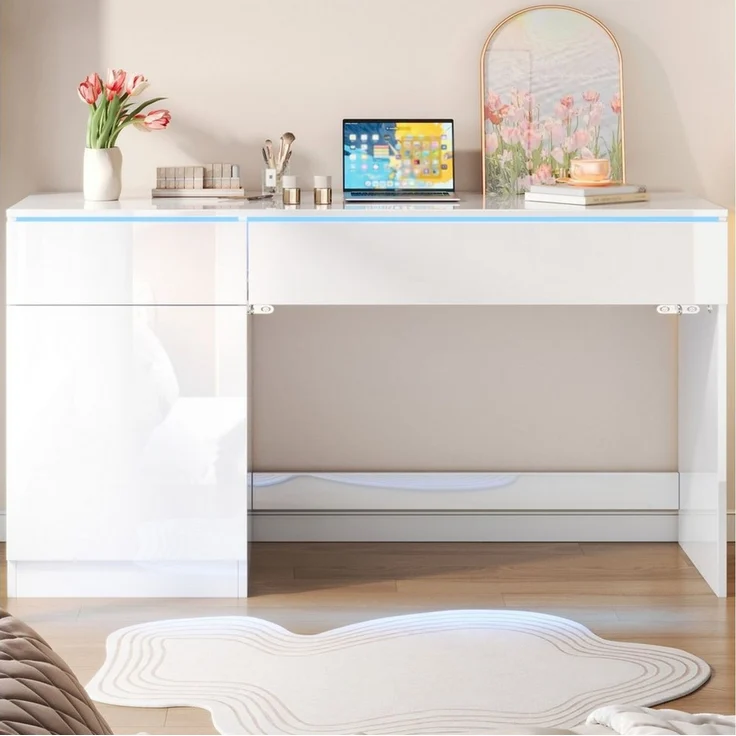 Flieks Schreibtisch Computertisch Arbeitstisch Bürotisch mit LED-Beleuchtung (120x50x78 cm, 1-St, 1 Tisch), Multifunktionstisch mit 2 Schublade und 1 Türen hochglänzend Weiß – Bild 1