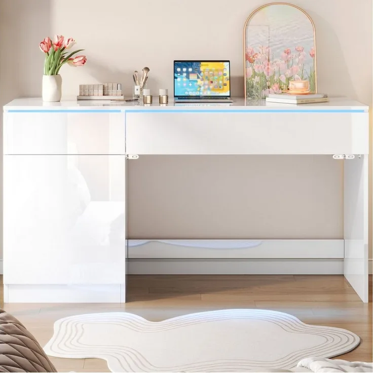 Flieks Schreibtisch Computertisch Arbeitstisch Bürotisch mit LED-Beleuchtung (120x50x78 cm, 1-St, 1 Tisch), Multifunktionstisch mit 2 Schublade und 1 Türen hochglänzend Weiß
