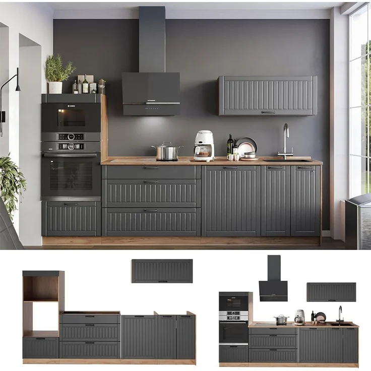 Küchenzeile Fame-Line Dunkelgrau/Goldkraft Eiche 280 cm, AP Eiche Vicco – Bild 7