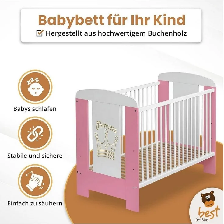 Best for Kids Babybett Babybett 120x60 cm mit und ohne Matratze, 4-teilig, aus Buchenholz, Kinderbett, Babybett 60x120 cm mit 3 herausnehmbare Schlupfsprossen – Bild 3